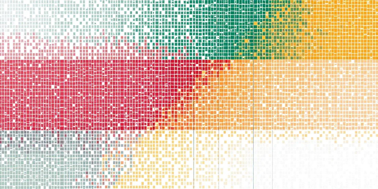 Evidence matrix visualization — grid of forest-green verified cells with one crimson and two amber cells